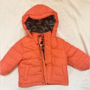OshKosh B'gosh Boys 24m Vibrant Orange Puffer Jacket with camo fleece lining